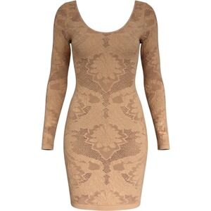 Bebe‎ Tan Nude Floral Pointelle Knit Long Sleeve Bodycon Mini Dress Small P/S